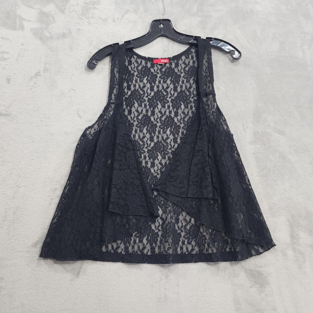 Vintage Bongo Vest Womens L Black Floral Sheer Lace Open Front Boho Whimsy Goth
